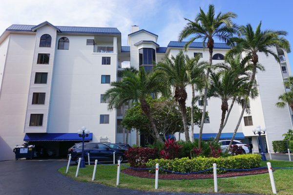 Front exterior of a white resort building flanked by tall green palm trees.