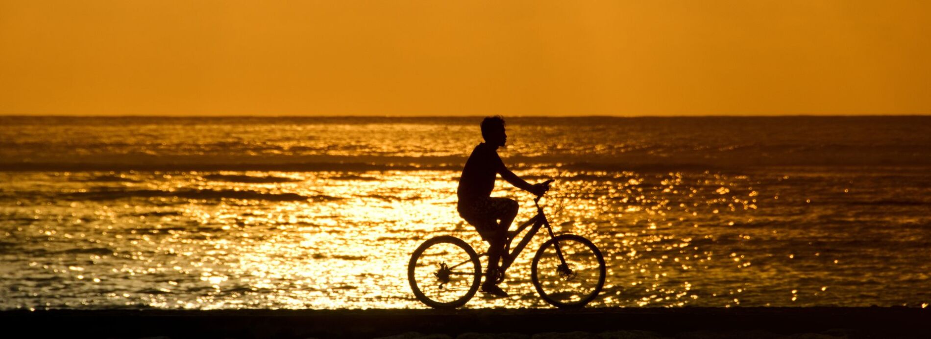 riding bicycle on beach at sunset